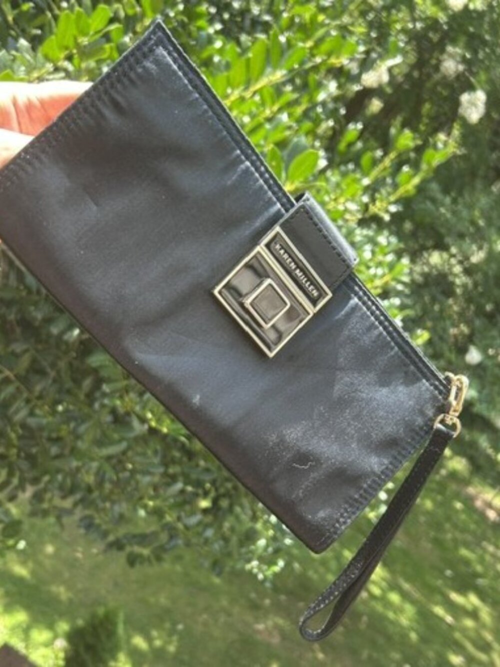 KAREN MILLEN – NWT Black Satin/Leather Clutch Wristlet PURSE